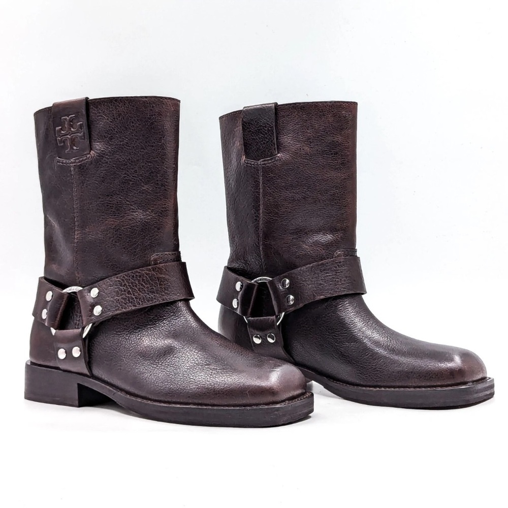 Tory Burch Women Double T Moto Biker Dark Leather Harness Boots in Brown NWOB